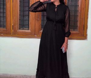 Elegant Black Polka Dot Chiffon Midi Dress
