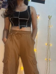 Black Asymmetric Patchwork Crop Tank  Top