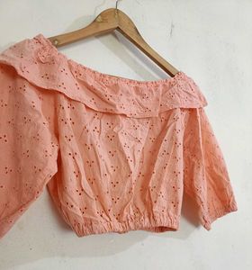 Peach Eyelet Off-the-Shoulder Crop Top