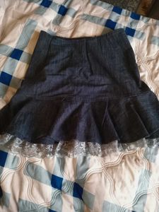 flowy ruffle Denim Skirt with Lace Trim