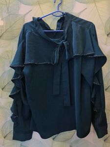 Ruffled Sleeve Tie-Neck Top