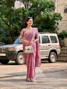 Elegant Pink Embroidered Silk Saree