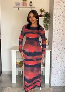 Abstract Print Mesh Maxi Dress