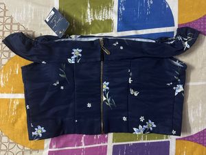 Navy Blue Off Shoulder Floral Crop Top