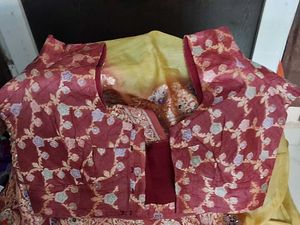GentlyUsed MustardTusserSilk Saree withFloralBlous