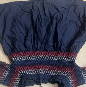 Off shoulder navy Embroidered Smocked Top