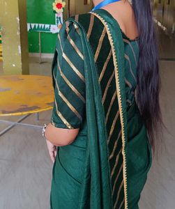 Elegant Green Saree with Gold Stripes blouse