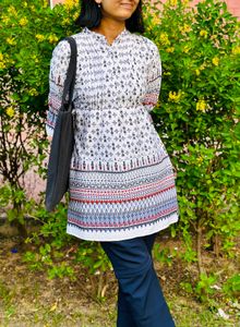 White Printed Kurti Top With Ties