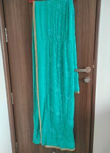 Teal Embroidered Kurti Dupatta Pant Suit.