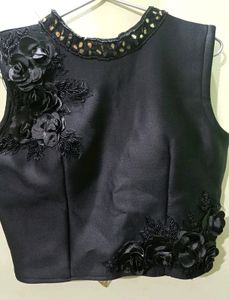 Women Black Saree Blouse With Embosed Satin Flower