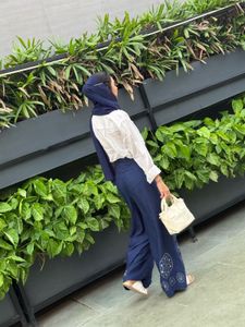 Navy Blue Boho Wrap Pants with Floral Embroidery