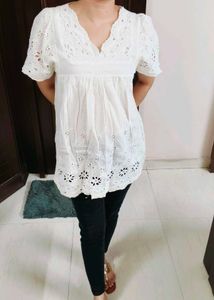 Women White Cotton Cut out Style Tunic Top