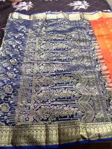 Silk Banarasi Saree Orange 🧡 And 💙 Blue