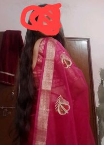 orgnza dark pink saree with disgner blouse