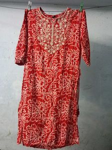 orange Printed embroidery Kurta