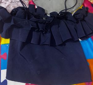 Navy Ruffle Off-Shoulder Top