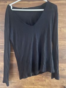 zara ribbed Black Long Sleeve V-Neck Top