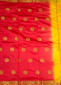 Brand New Golden &amp; Red Silk Saree