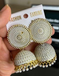 White &amp; Gold Jhumka Earrings