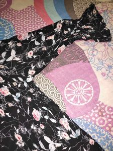 Floral Printed Full Puffed Sleeves Black Top