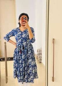 Blue Floral Printed Kurti with Drawstring Waist
