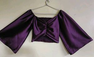 Purple Satin Ruched Crop Top