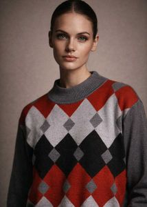 Classic Argyle Knit Sweater in Grey, Red & Black