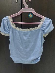 Blue Ribbed Crop Top with Lace Trim
