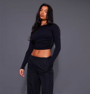 PrettyLittleThing Black Ribbed Ruched Side Crop