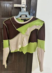 Patchwork Long Sleeve Crop Top