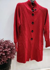 Red Knit Button-Down Cardigan