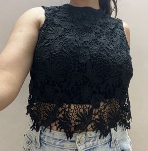 Black Lace Mock Neck Top