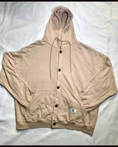 Oversized Beige Button-Up Hoodie Jacket,