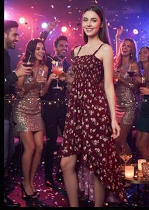 Elegant Burgundy Floral High-Low Party Dress