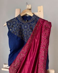 Designer Embellished Maroon Blue Saree