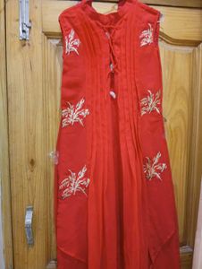 Red Embroidered Sleeveless Kurti