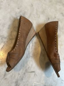 Stylish Peep Toes Beige Colour Leather Wedges