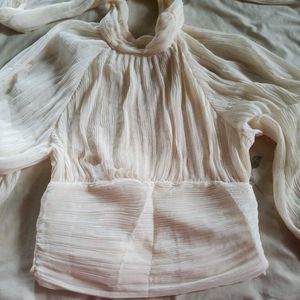 Zara Cream High Neck Pleated Top