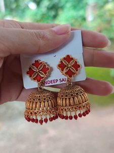 Elegant Gold & Red Jhumka Earrings