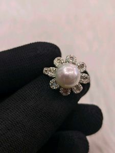 Pearl &amp; Diamond Ring 925 Sterling Silver