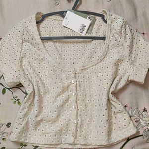 H&M White Eyelet Button-Down Top