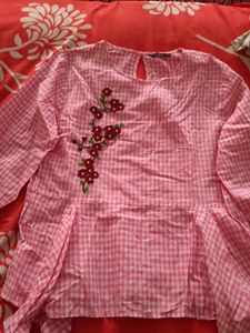 Pink Checkered Embroidered Top