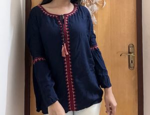 Navy Blue Top With Embroidery Work For Women