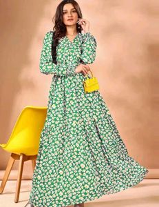 Woman Green Flower  Print Dress