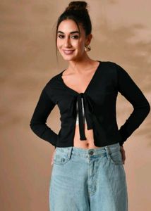 Cute Black Tie-Front Top