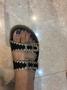 Black Embroidered Buckle Sandals
