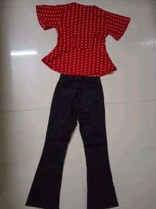 Combo Red Crop Top And Black Bell Bottom Jeans