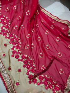 Magenta And Beige Saree Blouse Unstitched Attached