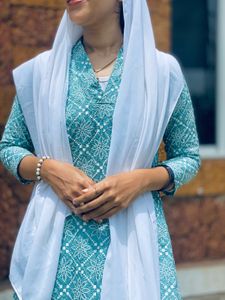 Elegant Aqua & White Printed Kurti Set