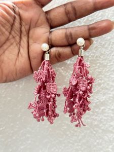 Pink Lace Tassel Drop Earrings